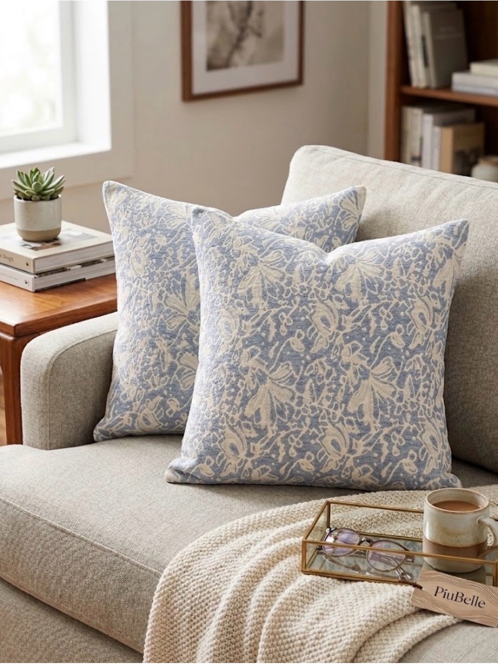 PiuBelle Blue & Off-White Floral Jacquard Throw Pillow Covers (Set of 2)